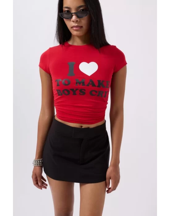 Nakış Detay Baskılı Crop T-Shirt