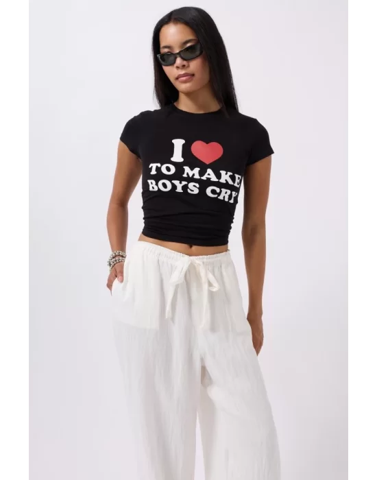 Nakış Detay Baskılı Crop T-Shirt