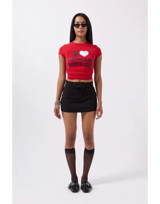 Nakış Detay Baskılı Crop T-Shirt