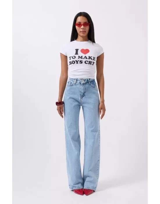Nakış Detay Baskılı Crop T-Shirt