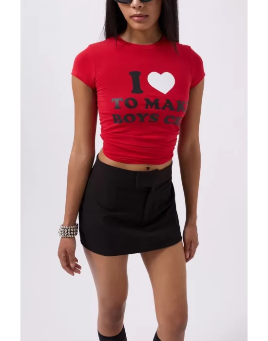 Nakış Detay Baskılı Crop T-Shirt