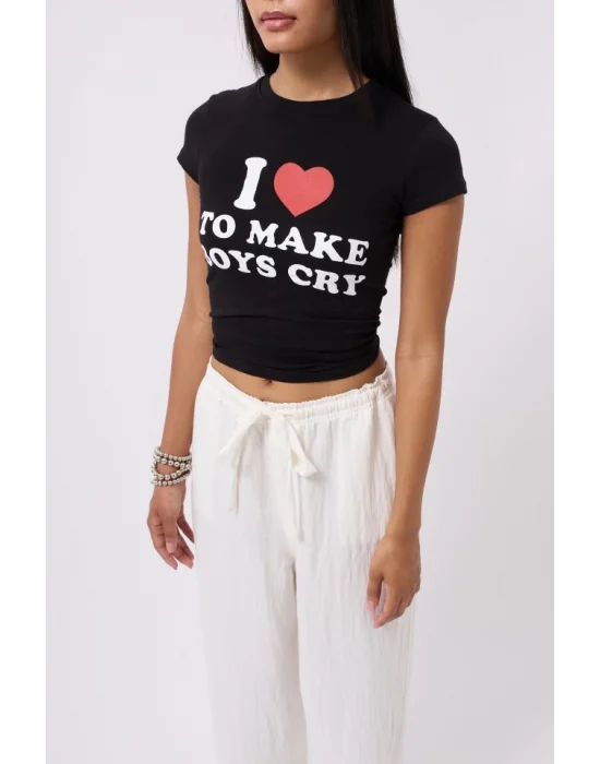 Nakış Detay Baskılı Crop T-Shirt
