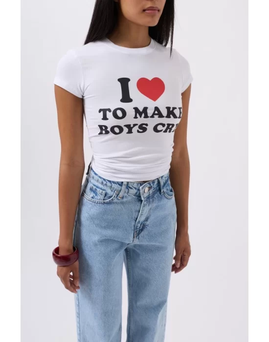 Nakış Detay Baskılı Crop T-Shirt
