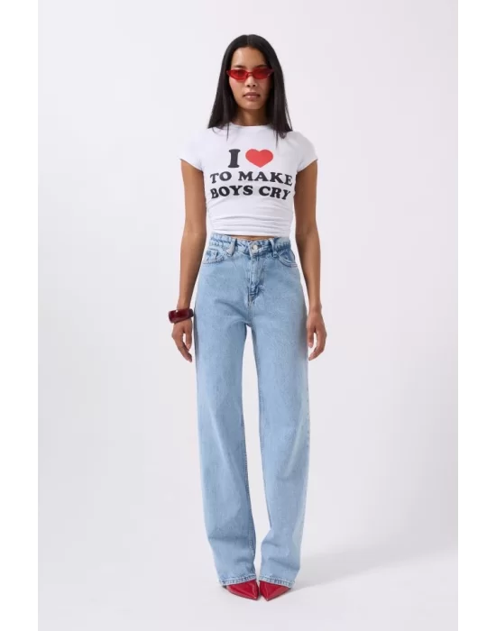 Nakış Detay Baskılı Crop T-Shirt