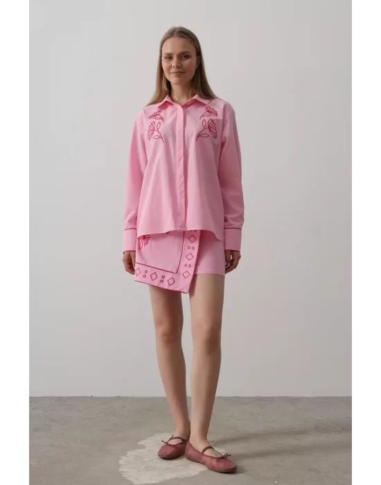 Nakış Detaylı Etekli Takım - Pembe