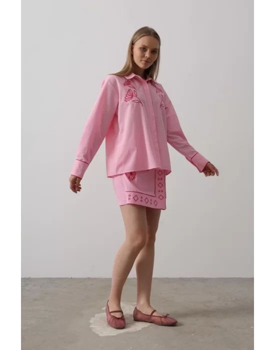 Nakış Detaylı Etekli Takım - Pembe