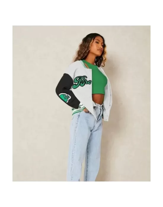 Nakışlı Oversize Kolej Ceket - Beyaz