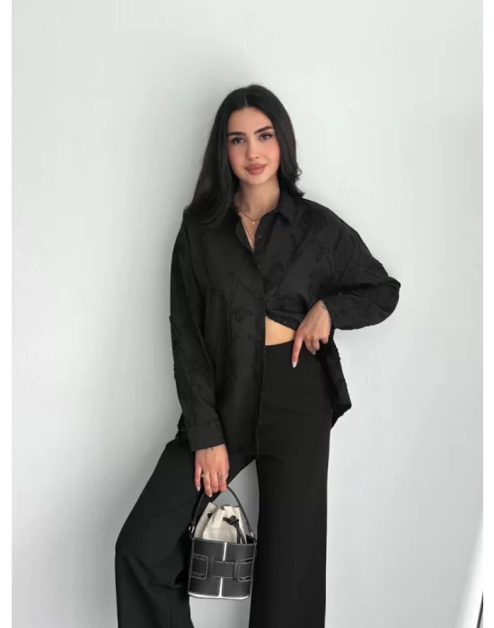 Nakışlı Uzun Kollu Gömlek - Siyah