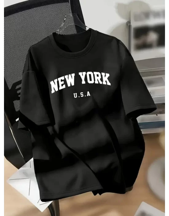 New York Baskılı Oversize Bisiklet Yaka T-shirt - Siyah