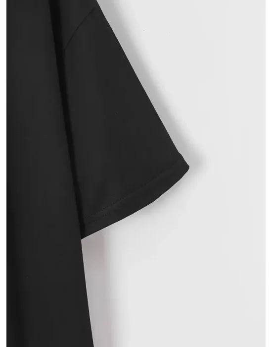 New York Baskılı Oversize Bisiklet Yaka T-shirt - Siyah