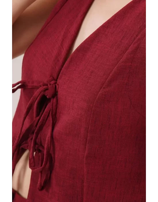 Ön Bağlama Detaylı Yelek Ve Pantolon Bordo İkili Takım