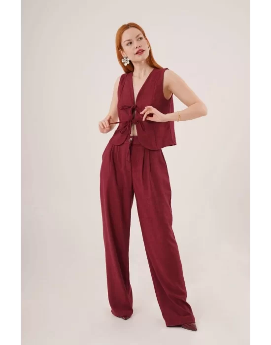 Ön Bağlama Detaylı Yelek Ve Pantolon Bordo İkili Takım