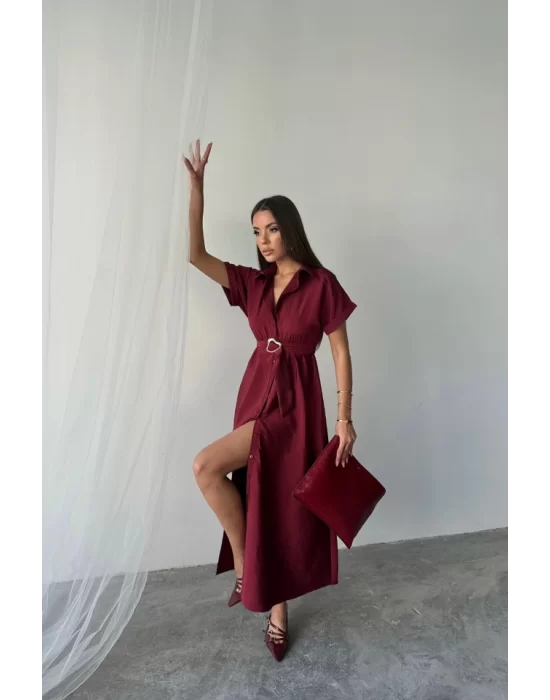 ÖNDEN DÜĞMELİ CRUSHLI MODAL ELBİSE - Bordo