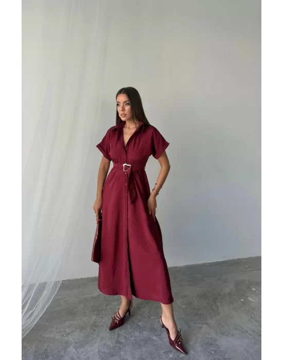 ÖNDEN DÜĞMELİ CRUSHLI MODAL ELBİSE - Bordo