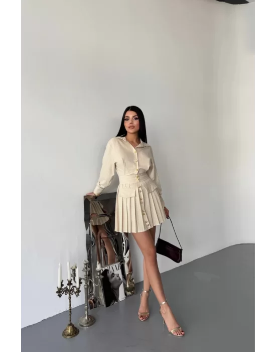 ÖNDEN GOLD DÜĞMELİ PİLELİ KISA ELBİSE - Bej