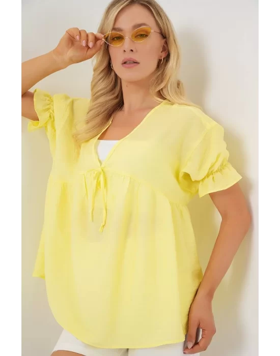 Önü Bağcıklı Kısa Kol Bluz 962 - Sarı