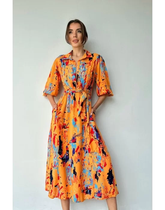 Oranj Çiçek Desenli Kemerli Elbise