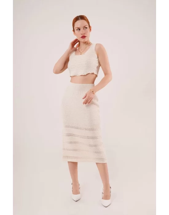 Örme Detaylı Etek Ve Bluz Krem Takım