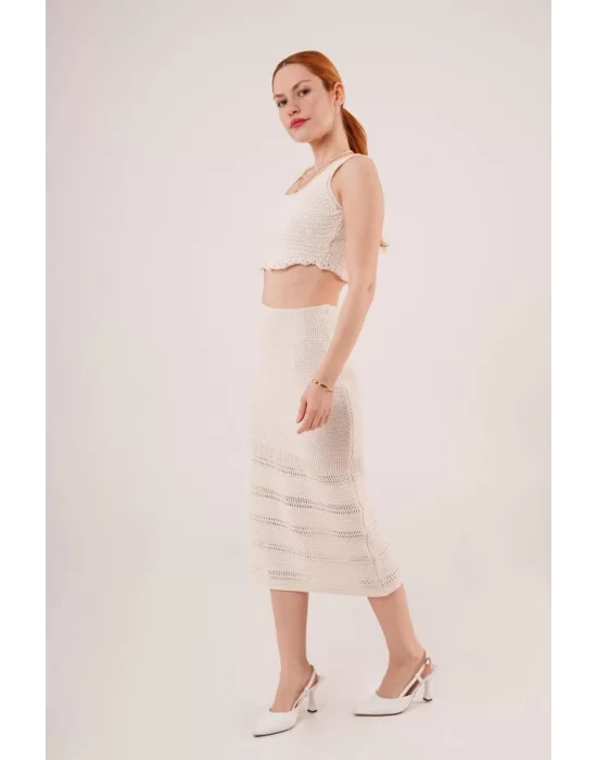 Örme Detaylı Etek Ve Bluz Krem Takım