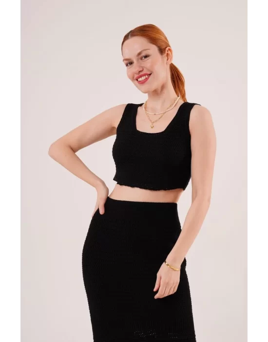 Örme Detaylı Etek Ve Bluz Siyah Takım