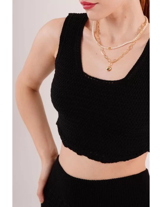Örme Detaylı Etek Ve Bluz Siyah Takım