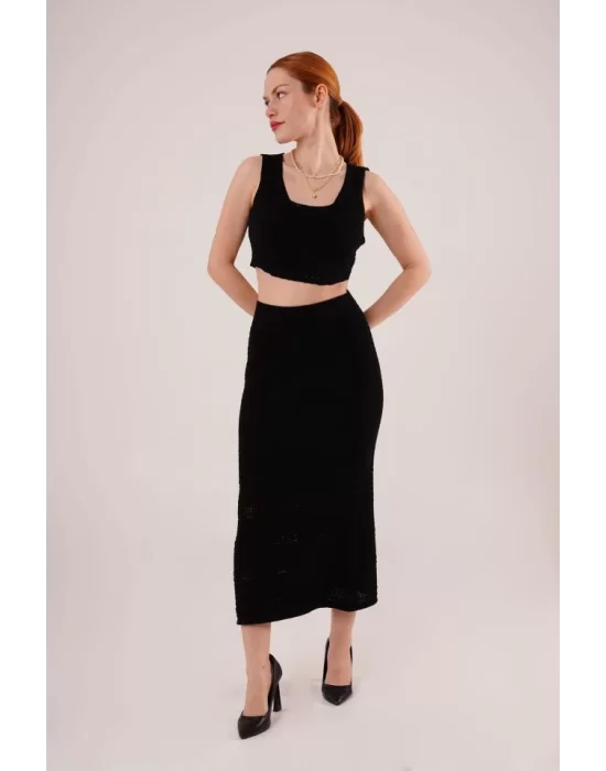 Örme Detaylı Etek Ve Bluz Siyah Takım