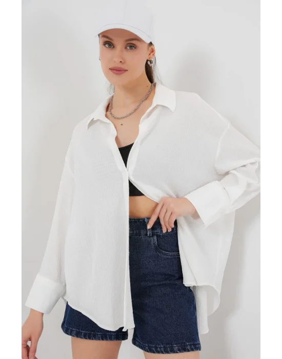 Örme Oversize Gömlek 20264 - Beyaz