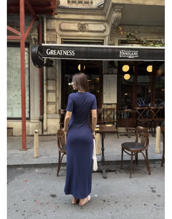Osy Modal Yumuşak Dokulu Kumaş Bisiklet Yaka Kısa Kollu Kuşaklı Uzun Elbise - Mavi