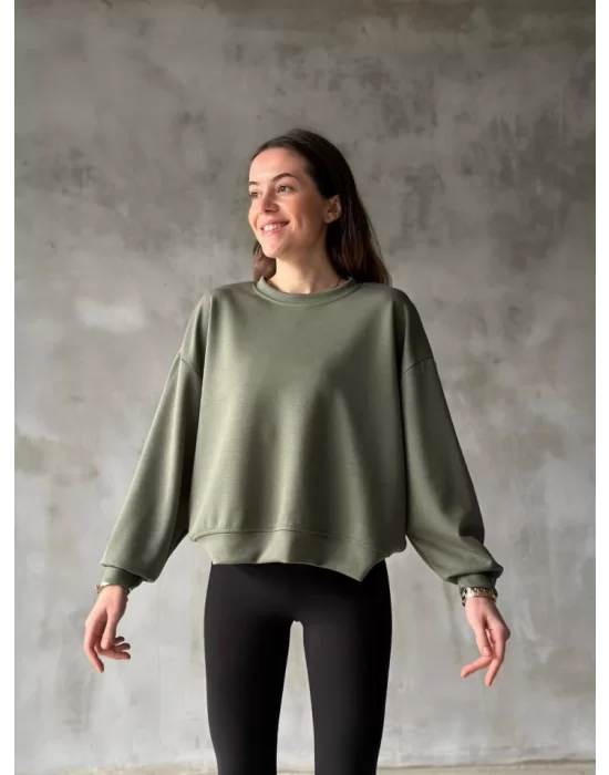 Osy Modal Yumuşak Dokulu Kumaş Bisiklet Yaka Oversize Sweatshirt - Haki