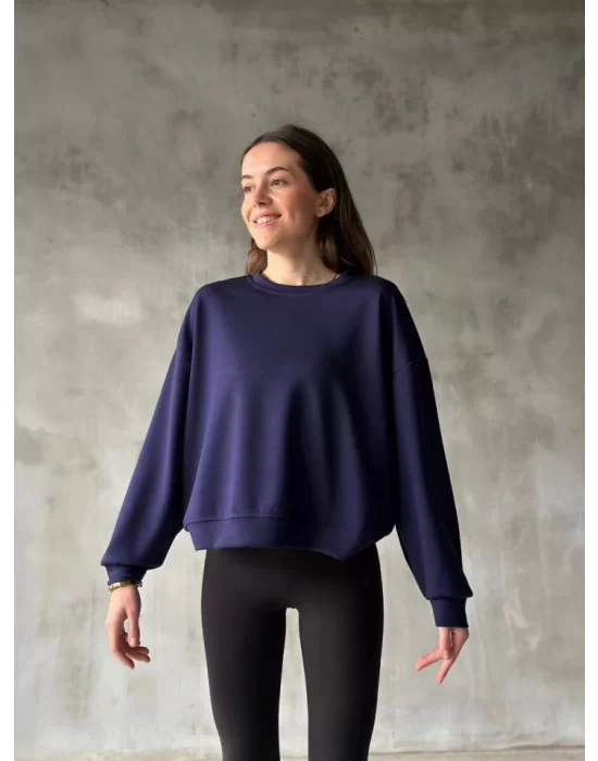 Osy Modal Yumuşak Dokulu Kumaş Bisiklet Yaka Oversize Sweatshirt - Lacivert