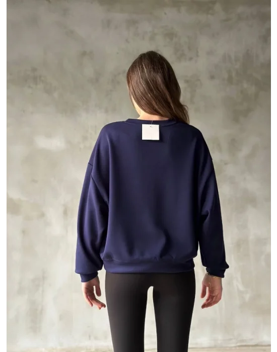 Osy Modal Yumuşak Dokulu Kumaş Bisiklet Yaka Oversize Sweatshirt - Lacivert