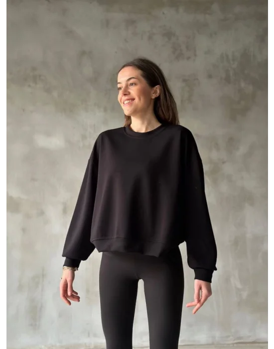 Osy Modal Yumuşak Dokulu Kumaş Bisiklet Yaka Oversize Sweatshirt - Siyah