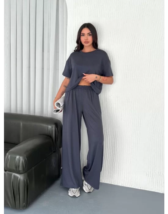 Osy Modal Yumuşak Dokulu Kumaş Bisiklet Yaka T-shirt Bol Paça Pantalon Ikili Takım -Antrasit