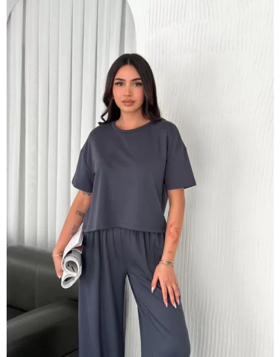 Osy Modal Yumuşak Dokulu Kumaş Bisiklet Yaka T-shirt Bol Paça Pantalon Ikili Takım -Antrasit