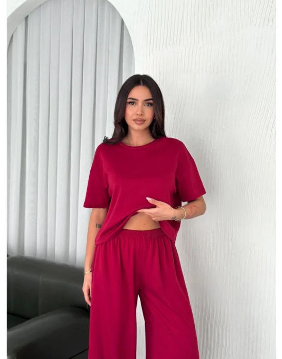 Osy Modal Yumuşak Dokulu Kumaş Bisiklet Yaka T-shirt Bol Paça Pantalon Ikili Takım -Bordo