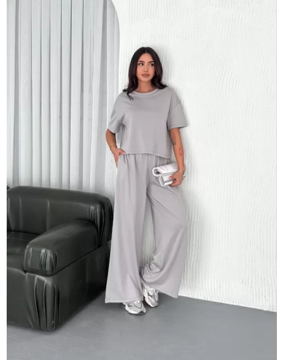 Osy Modal Yumuşak Dokulu Kumaş Bisiklet Yaka T-shirt  Bol Paça Pantalon Ikili Takım - Boyalı Gri