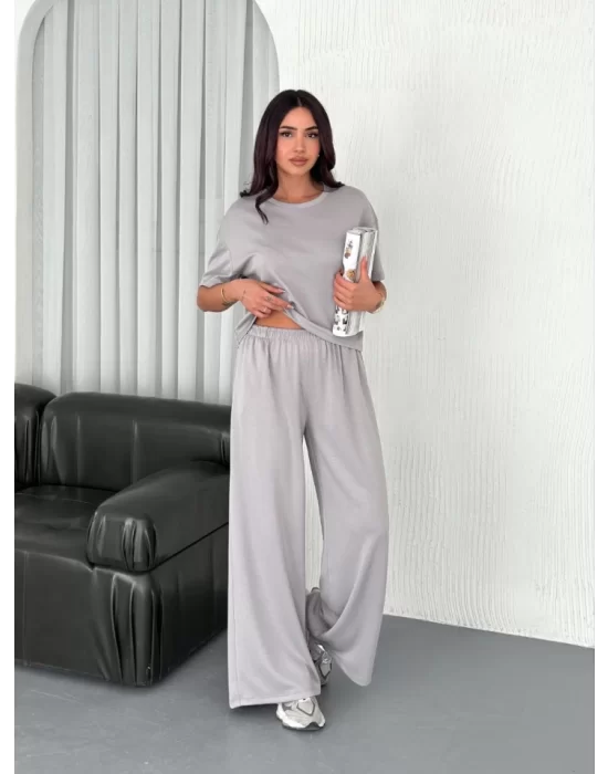 Osy Modal Yumuşak Dokulu Kumaş Bisiklet Yaka T-shirt  Bol Paça Pantalon Ikili Takım - Boyalı Gri