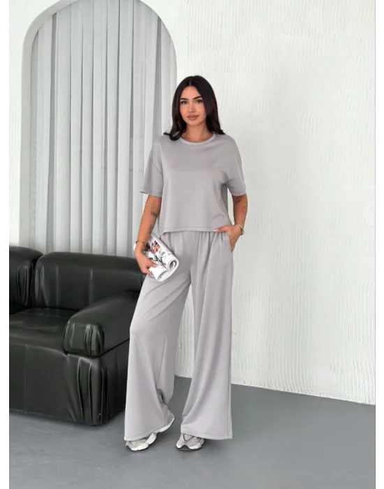 Osy Modal Yumuşak Dokulu Kumaş Bisiklet Yaka T-shirt  Bol Paça Pantalon Ikili Takım - Boyalı Gri