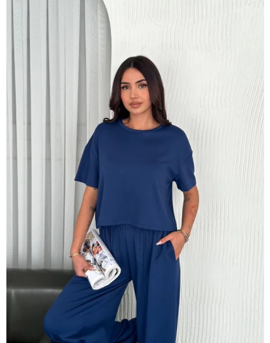 Osy Modal Yumuşak Dokulu Kumaş Bisiklet Yaka T-shirt Bol Paça Pantalon Ikili Takım -Saks Mavi