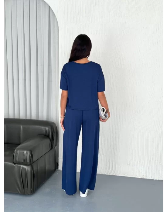 Osy Modal Yumuşak Dokulu Kumaş Bisiklet Yaka T-shirt Bol Paça Pantalon Ikili Takım -Saks Mavi
