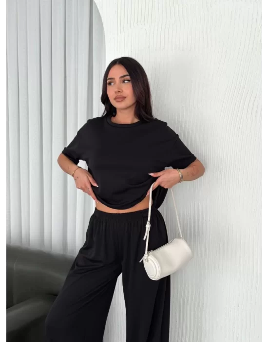Osy Modal Yumuşak Dokulu Kumaş Bisiklet Yaka T-shirt Bol Paça Pantalon Ikili Takım -Siyah