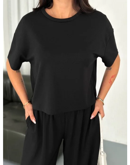 Osy Modal Yumuşak Dokulu Kumaş Bisiklet Yaka T-shirt Bol Paça Pantalon Ikili Takım -Siyah
