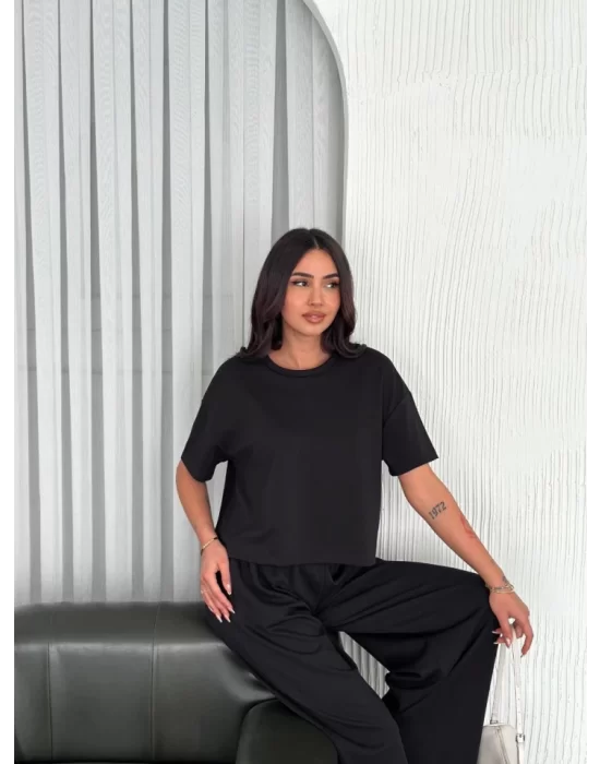 Osy Modal Yumuşak Dokulu Kumaş Bisiklet Yaka T-shirt Bol Paça Pantalon Ikili Takım -Siyah