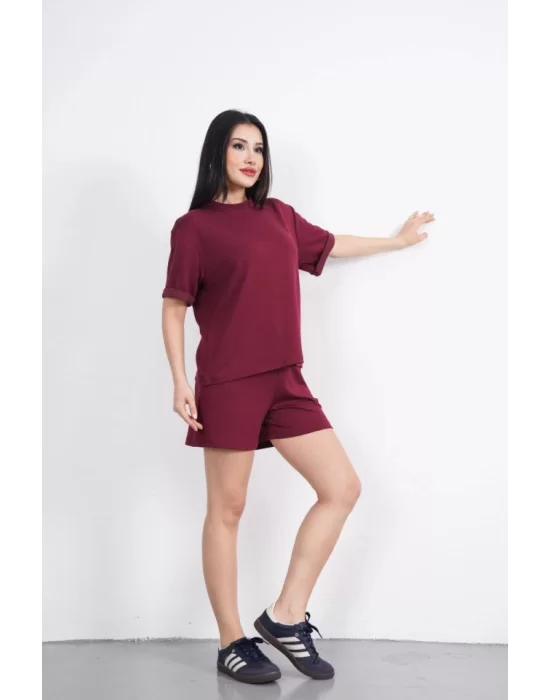 Osy Modal Yumuşak Dokulu Kumaş Bisiklet Yaka T-shirt Kısa Şort İkili Takım - Bordo