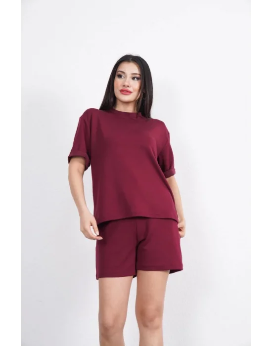 Osy Modal Yumuşak Dokulu Kumaş Bisiklet Yaka T-shirt Kısa Şort İkili Takım - Bordo