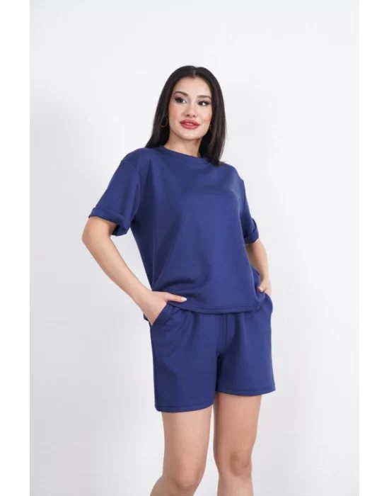 Osy Modal Yumuşak Dokulu Kumaş Bisiklet Yaka T-shirt Kısa Şort İkili Takım - Mavi