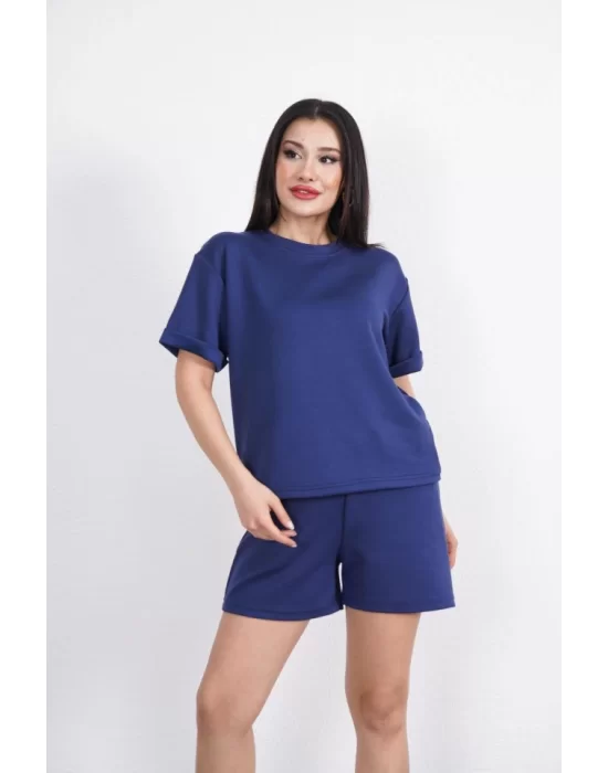 Osy Modal Yumuşak Dokulu Kumaş Bisiklet Yaka T-shirt Kısa Şort İkili Takım - Mavi