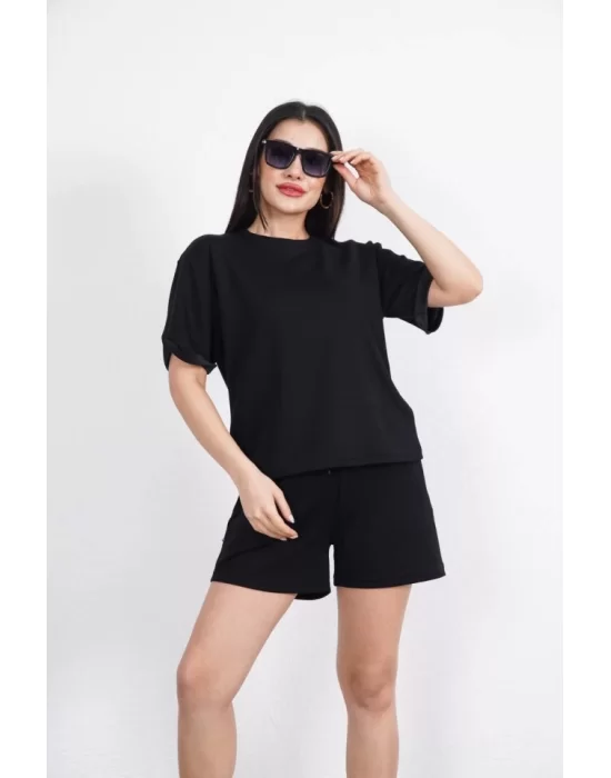 Osy Modal Yumuşak Dokulu Kumaş Bisiklet Yaka T-shirt Kısa Şort İkili Takım - Siyah
