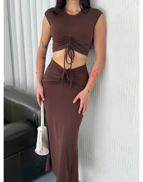 Osy Modal Yumuşak Dokulu Kumaş Büzgülü Crop Etek Takım -Kahverengi