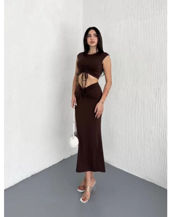 Osy Modal Yumuşak Dokulu Kumaş Büzgülü Crop Etek Takım -Kahverengi
